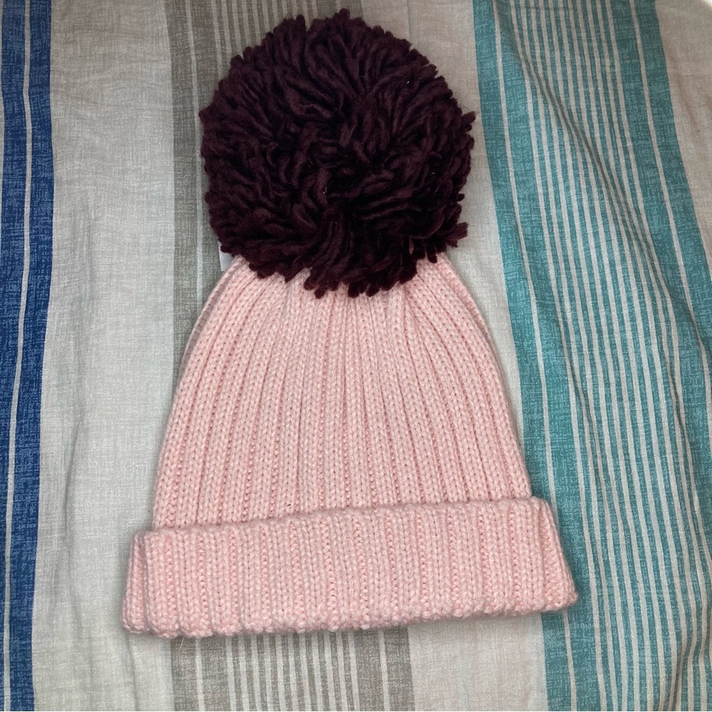 New York & Company Pink Knit Beanie with maroon Pom-Pom